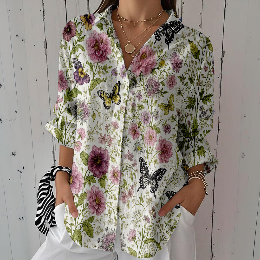 Women Long Sleeve V-neck Graphic Floral Printed Top