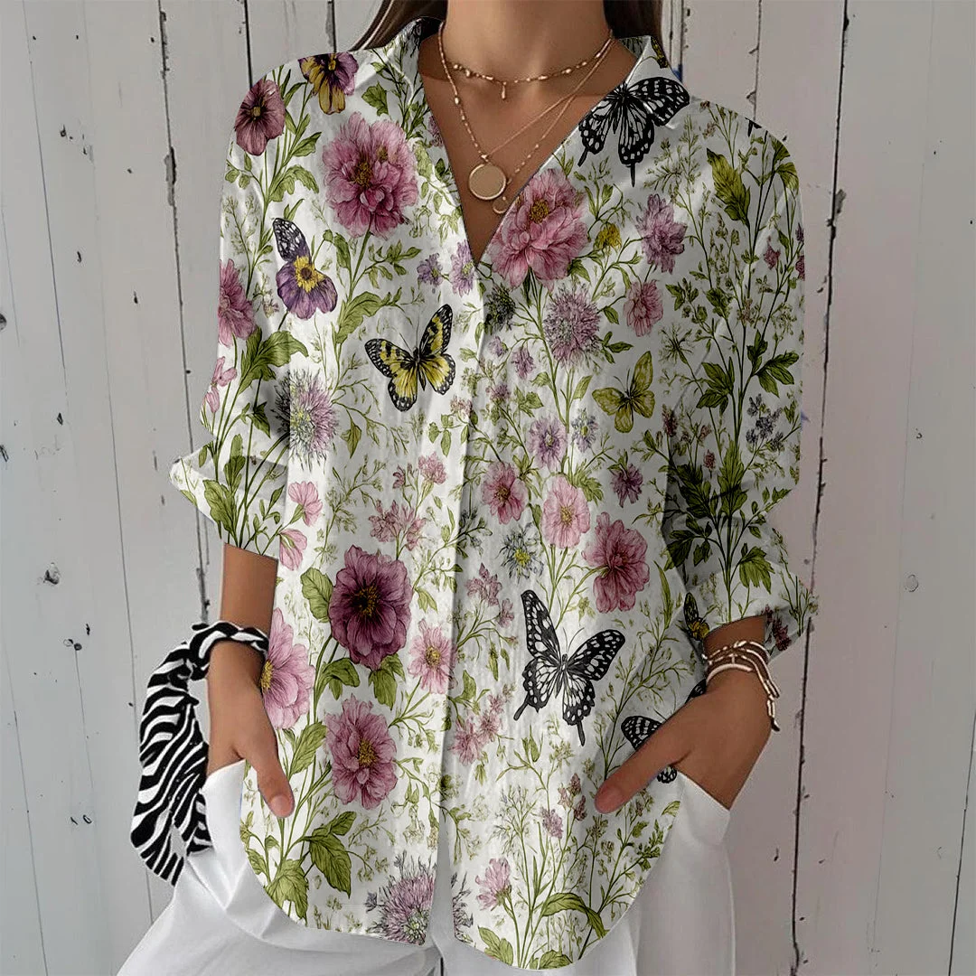Style & Comfort for Mature Women Women Floral, Green, Pink, Butterfly DZCL0146 3/4 Sleeve Shirt Collar Printed Button Tops
