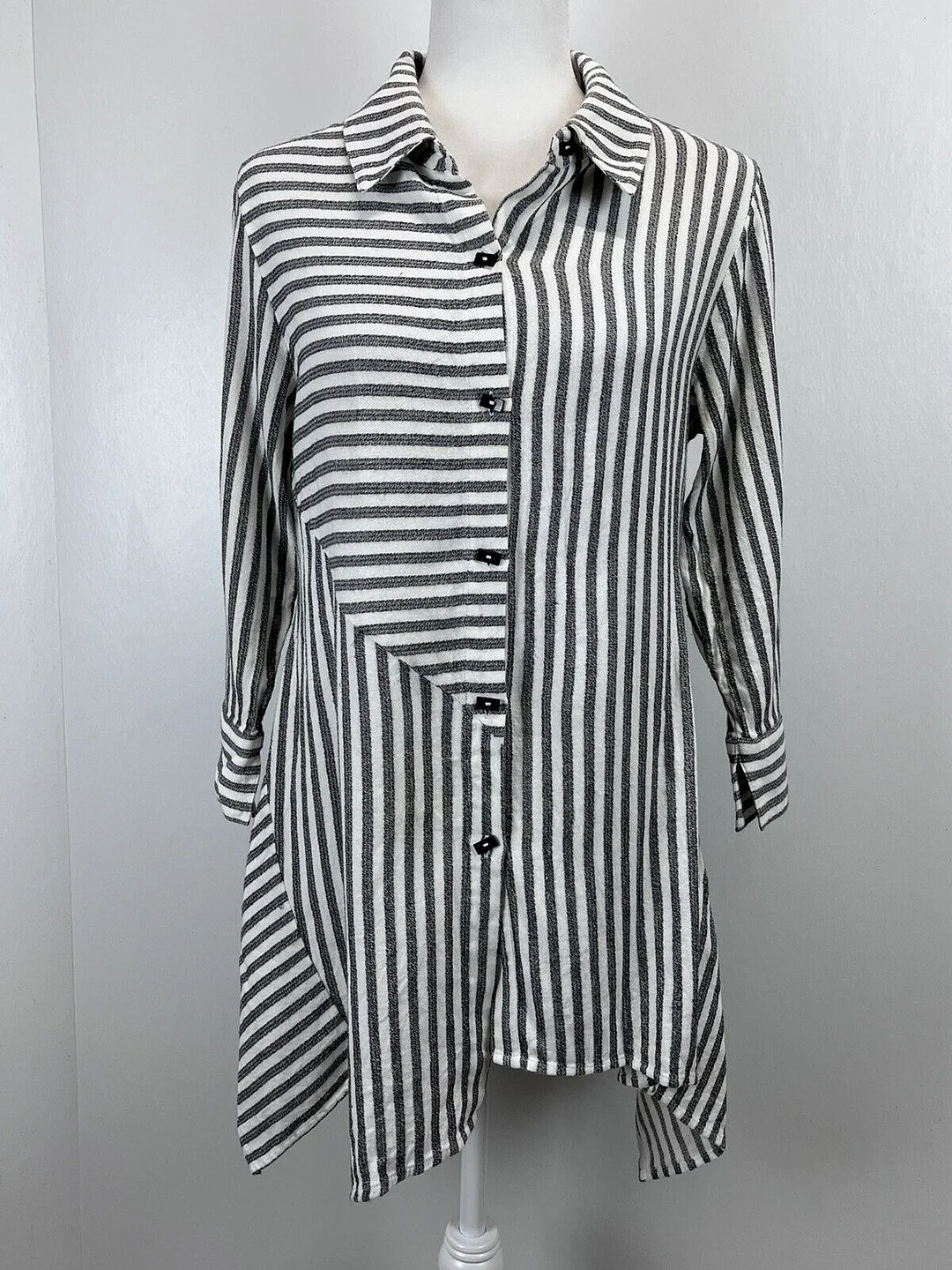 Soft Surroundings Standout Striped Asymmetrical Hem Button Front  Shirt