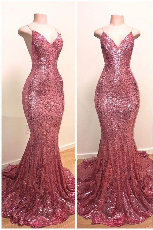 Luluslly Spaghetti-Straps Sequins Prom Dress Mermaid Long Rose Pink Party Gowns