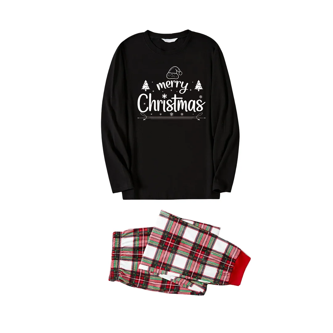"Merry Christmas" White Letter 2024 Black Top with Red & White & Green Plaid Pants Family Matching Pajama