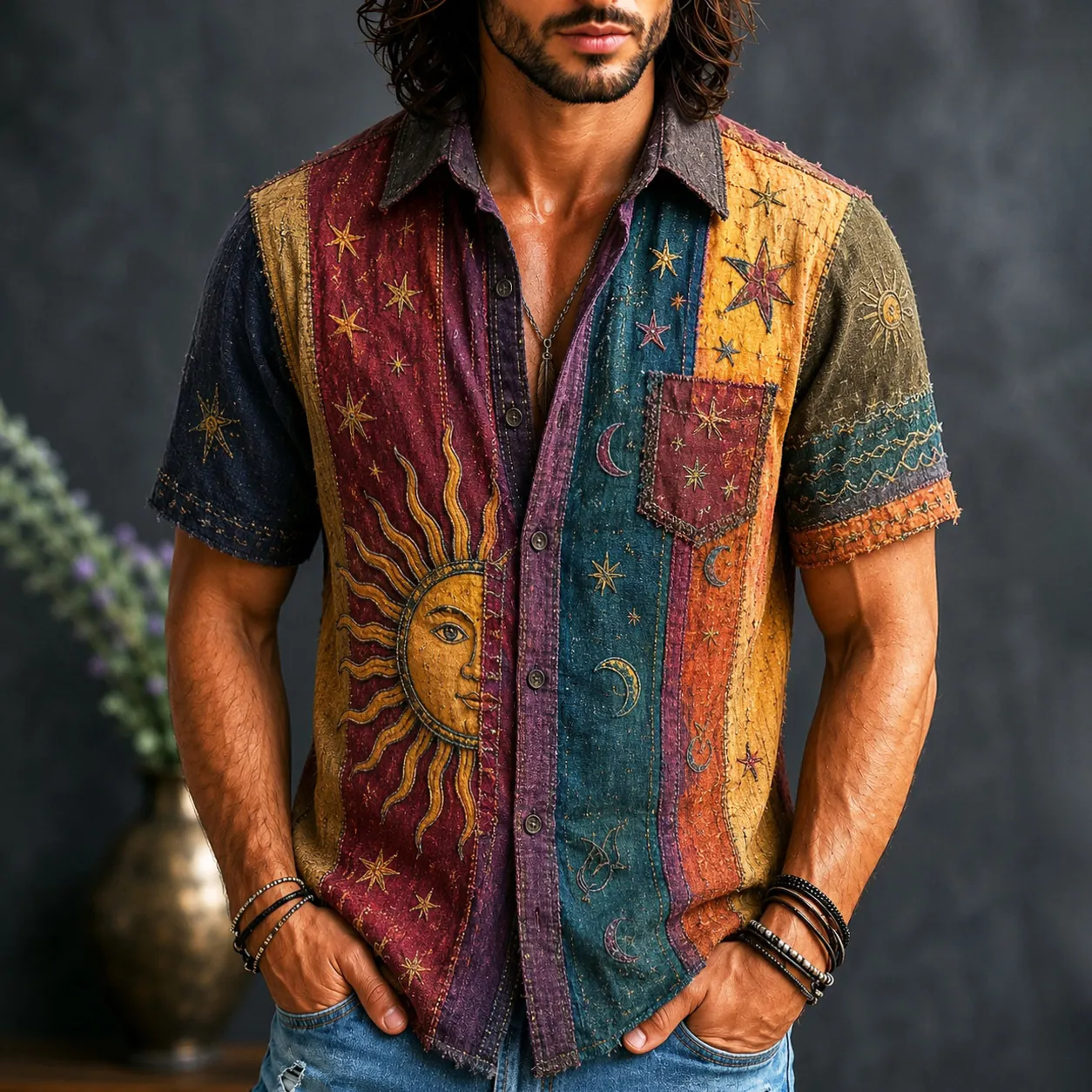 Comstylish Men's Vintage Patchwork Peace Sign Sun Moon Stars Striped Art Print Shirt