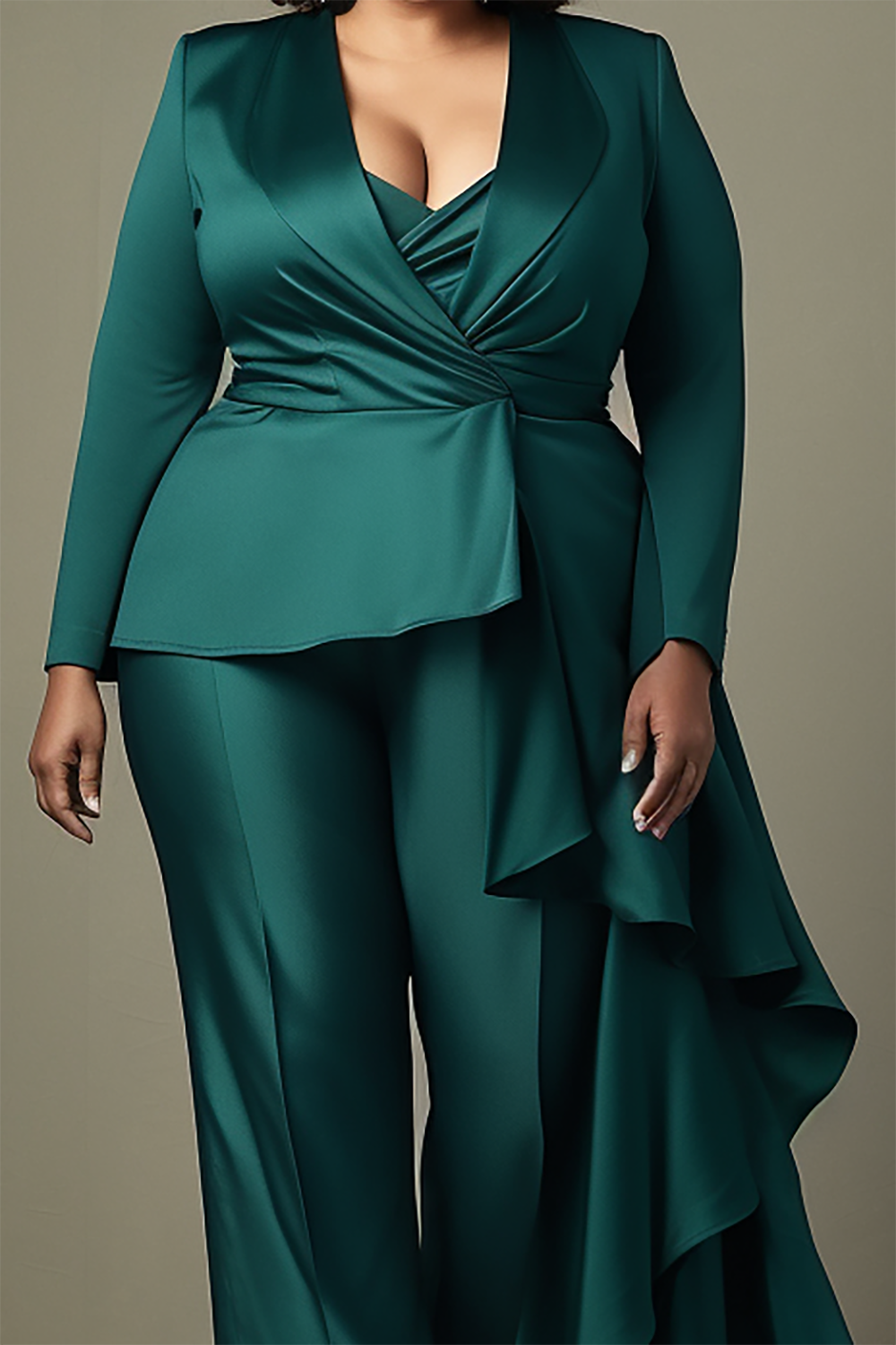 Design Plus Size Mother Of The Bride Elegant Green Wrap Neck Long Sleeve Asymmetric Hem Satin Two Piece Pant Sets [Pre-Order]