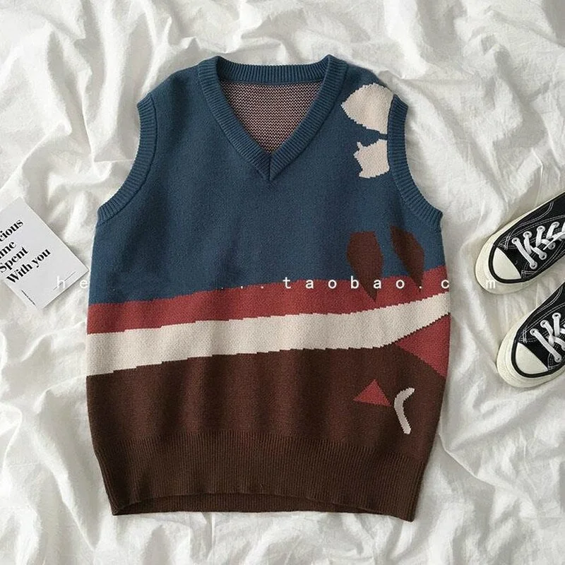 Women Sweater Vest Autumn Geometric Panelled Retro Harajuku Korean Style Trendy Casual Chic Womens Sweaters Students Ins BF New