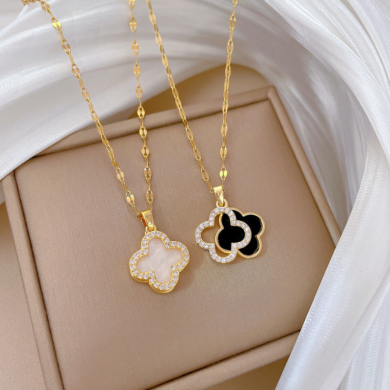 Diamond-Studded Four-Leaf Flower Necklace For Women Double-Sided Shell Clavicle Chain Hot Sale