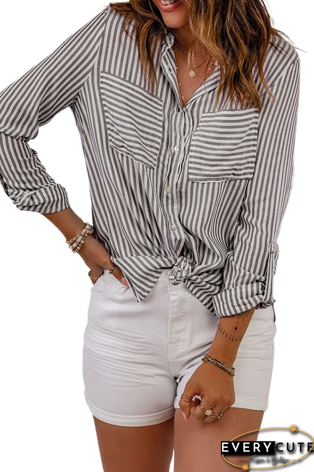 Black Striped Pocketed Buttons Long Sleeve Shirt