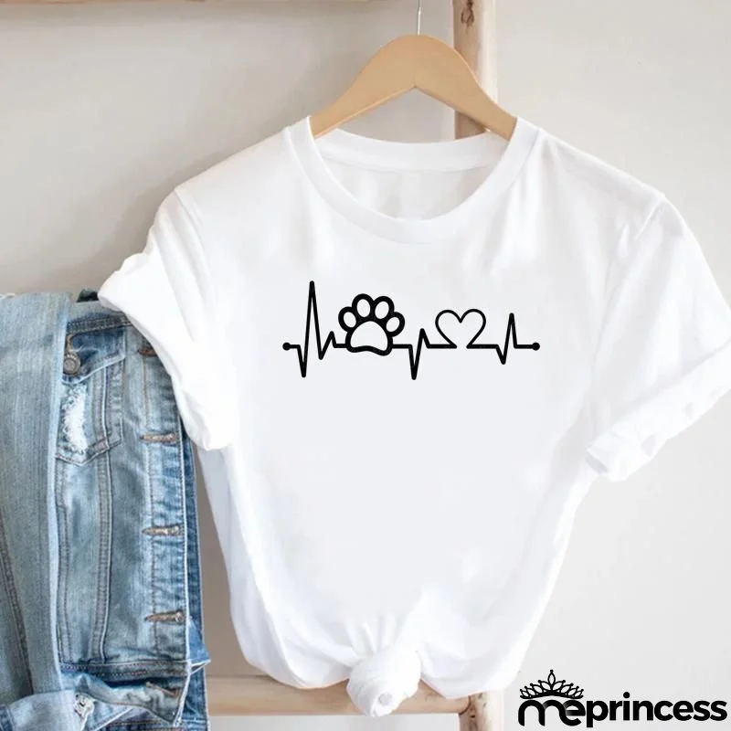 Women Loose Simple Cartoon Cat Footprint Print Round Neck Short Sleeve T-Shirt