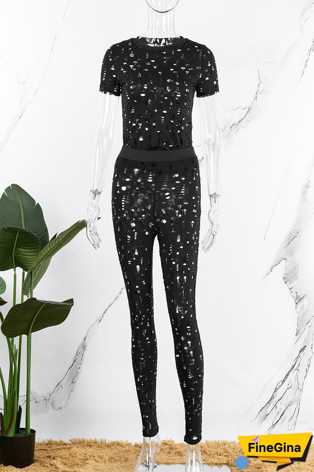 Black Sexy Solid Ripped Hollowed Out O Neck Short Sleeve Two Pieces