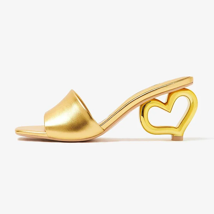 Gold Metallic Open Square Toe Mules Sandals with Decorative Heel |FSJ Shoes