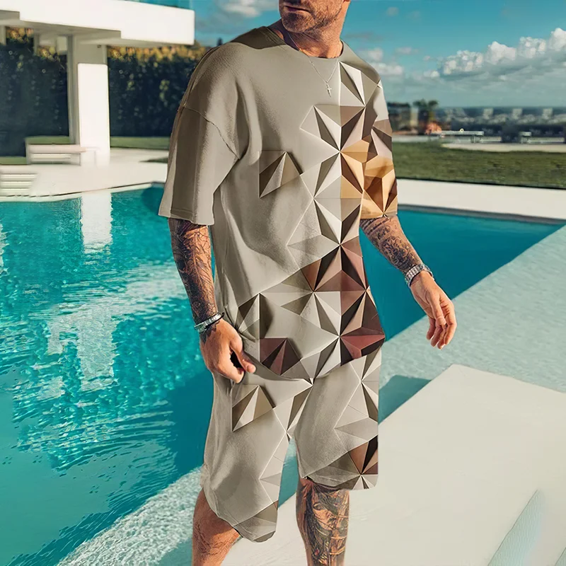 Men'S Geometric Fashion T-Shirt And Shorts Two Piece Set