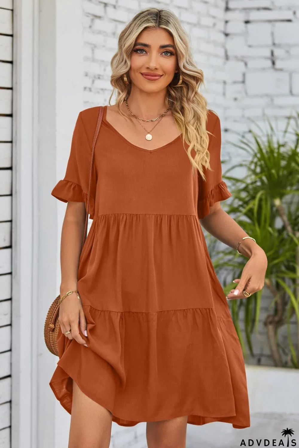 V-Neck Flounce Sleeve Tiered Dress