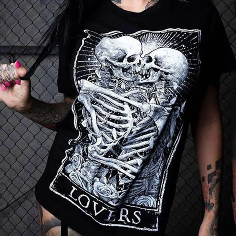 Skeletons Hug Together Printed Women's T-shirt -  