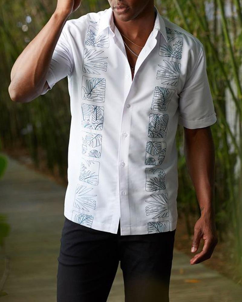Casual Pure Color Printed Lapel Button Short Sleeve Shirt