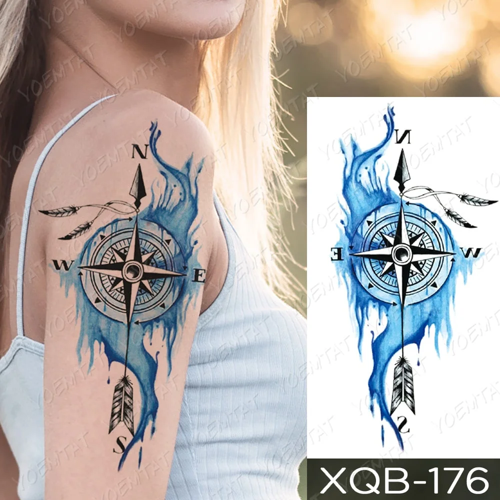 Waterproof Temporary Tattoo Sticker Blue Compass Arrow Unicorn Tattoos Tree Lily Body Art Arm Fake Sleeve Tatoo Women Men