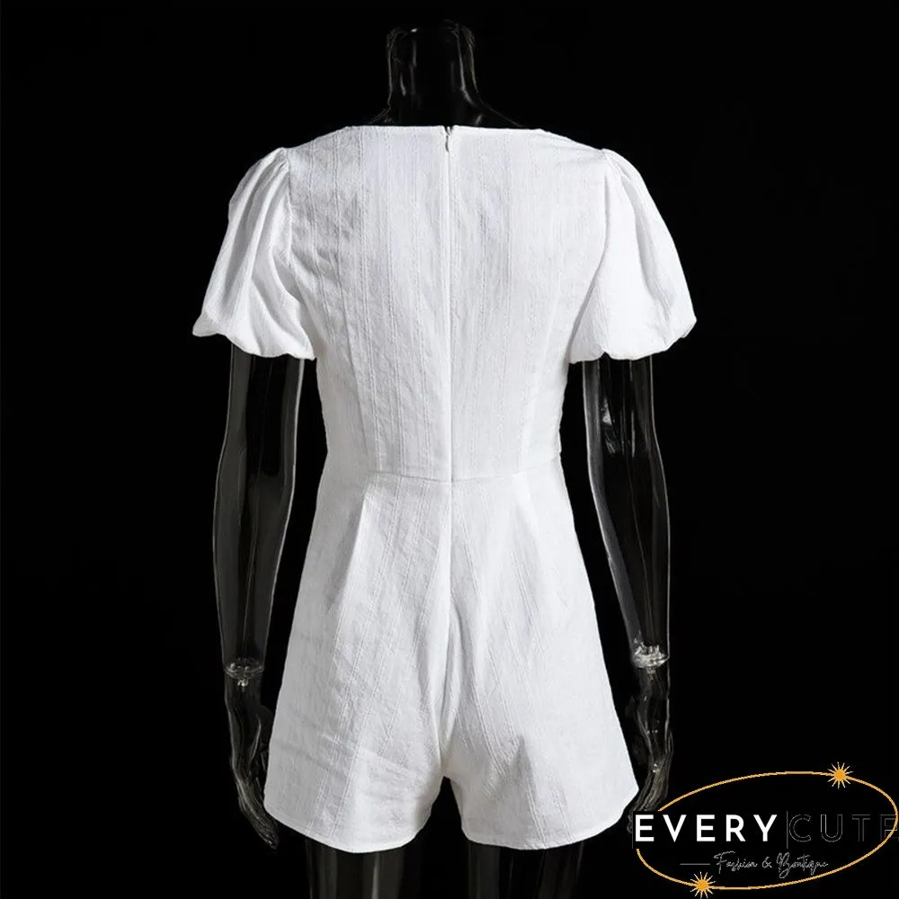 Women's Summer White Jumpsuit Puff Sleeve Deep V-Neck Casual Jumpsuit Retro French Jumpsuit Wide Leg