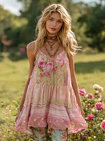 Women's Retro Pink Rose Floral Linen Sleeveless Top