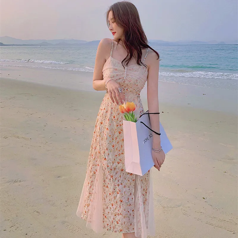 Uveng Vintage Strap Chic Dress for Women Floral Lace Midi Dresses Female Beach Party One Piece Dress Korean Style 2021 Summer