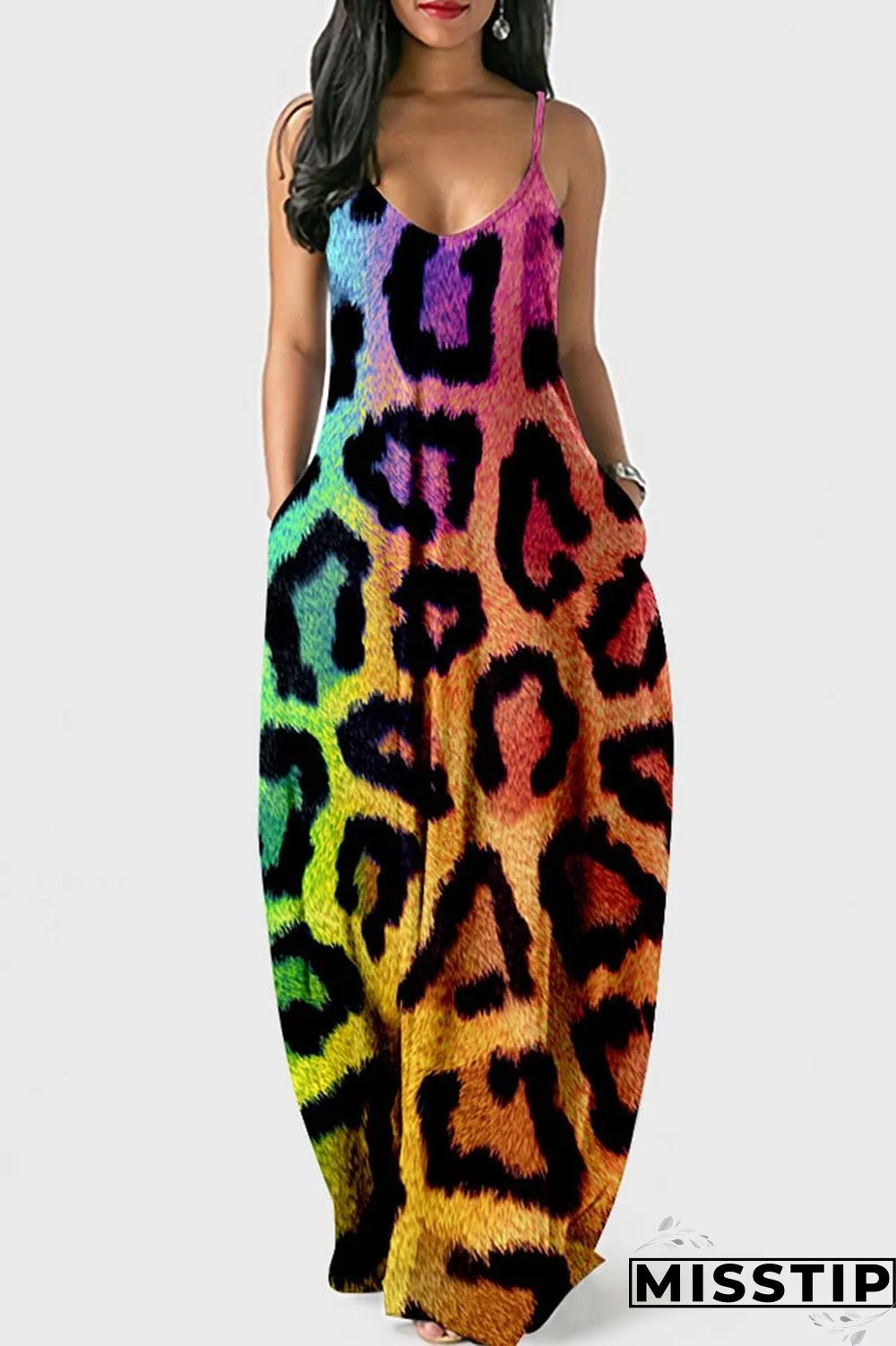 Colour Sexy Casual Print Leopard Backless Spaghetti Strap Long Dress Dresses