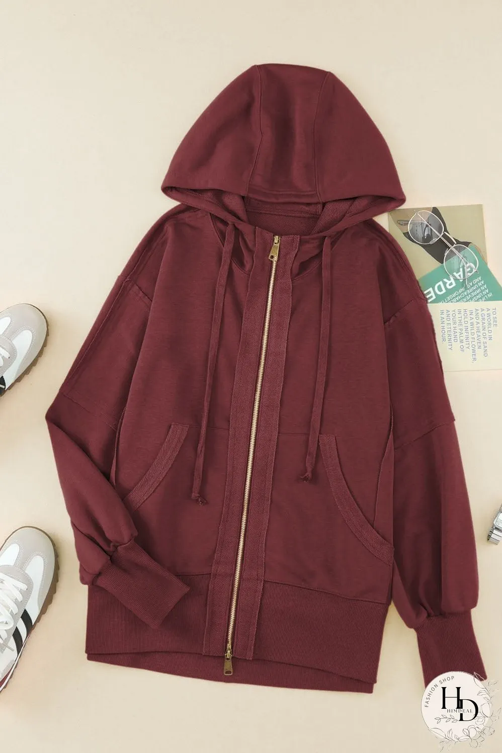 Brown Exposed Seam Zip-Up Hoodie with Raw Hem