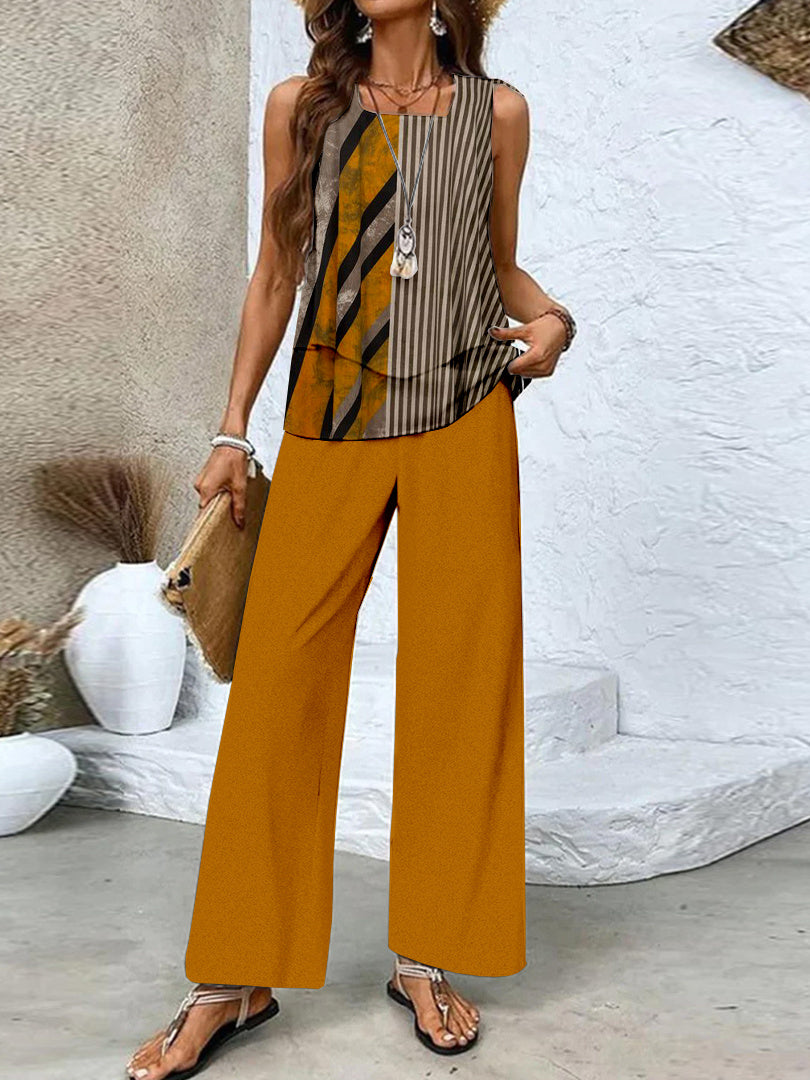 Women's Sleeveless Square Collar Geometric Graphic Printed Casual Set