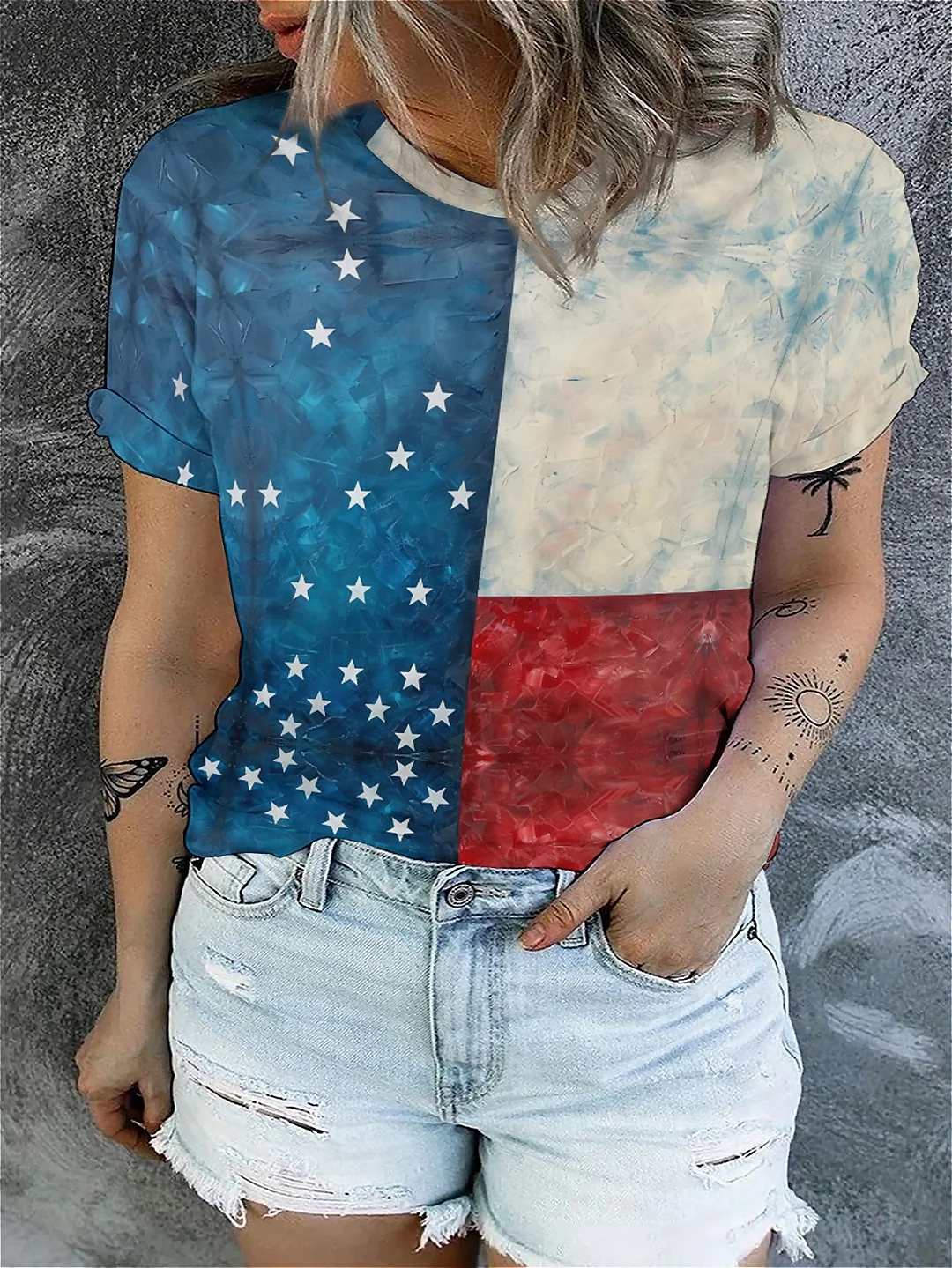 Wholesale plus size clothing  UNISEX SUMMER SHORT SLEEVE ROUND NECK TEE FOR WOMEN AND MEN Independence Day, American Flag, Blue, Red, White