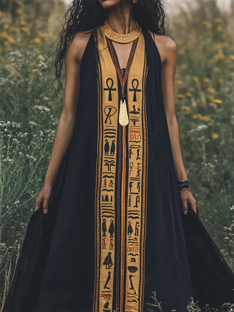 Ankh Ancient Egyptian Embroidered Contrast Linen Maxi Dress