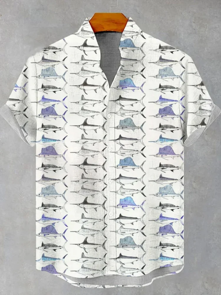Men's Retro Fish Print Casual Short Sleeve Shirt