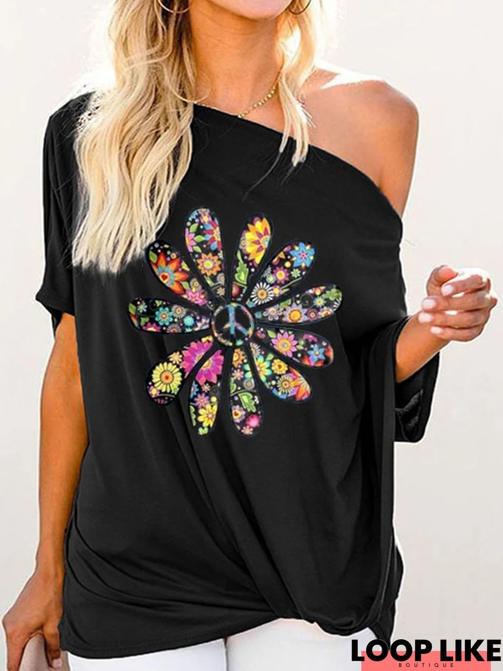 Floral-Print Short Sleeve One Shoulder Casual T-shirt