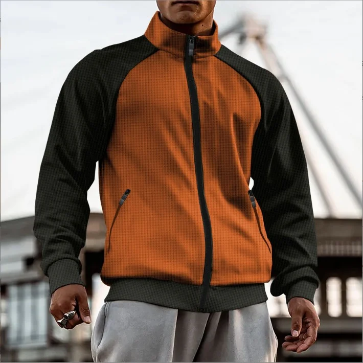 New autumn and winter men's waffle color matching zipper long sleeve jacket lapel outer sweater