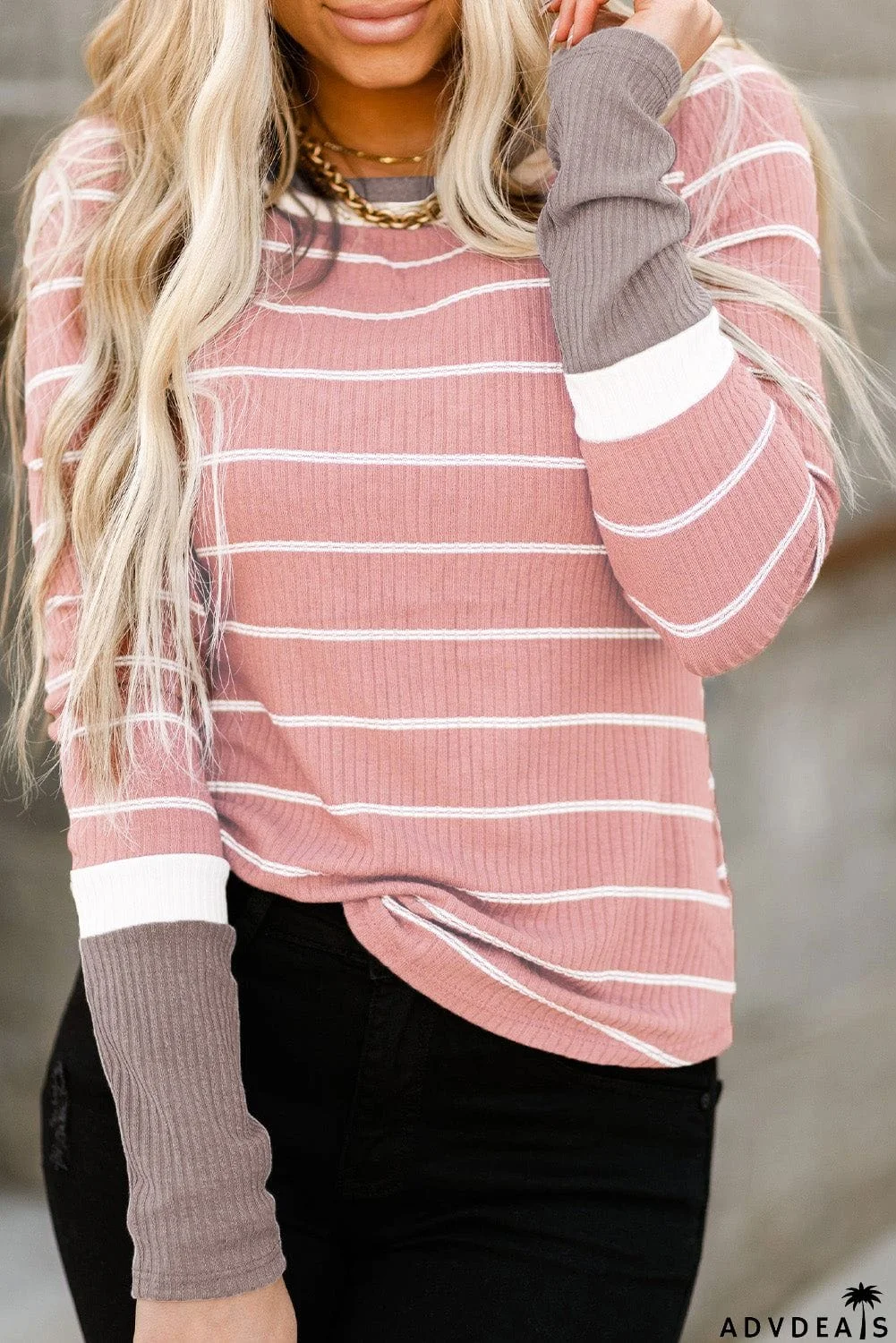 Extend Color Block Cuffs Rib Knit Striped Pullover