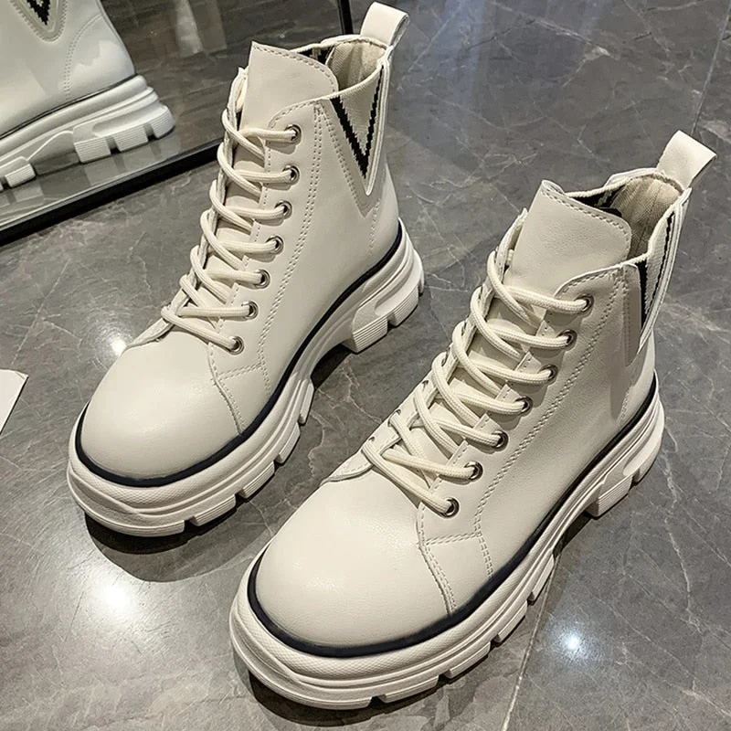 Black White Platform Boots Women 2021 Fashion Chunky Ankle Boots For Women Shoes Designer Punk PU Leather Combat Boots Female