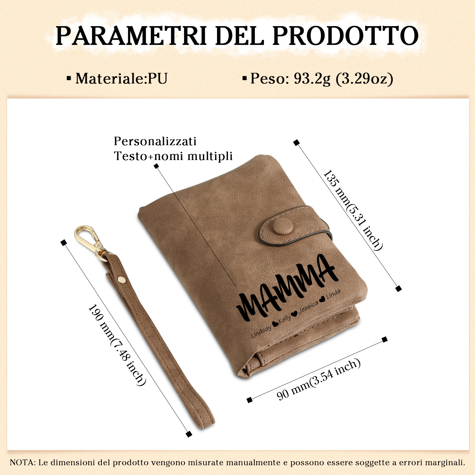 Portafoglio in PU pelle con 4 nomi & 2 testi & 1 foto personalizzati per mamma