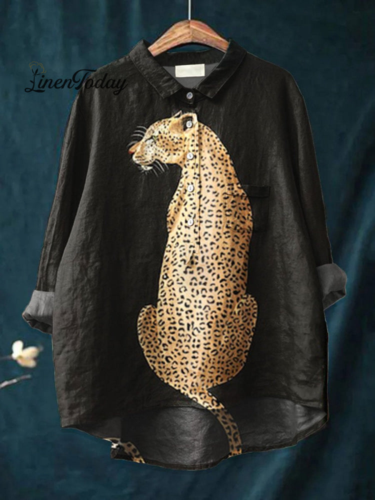 Leopard Art Print Casual Cotton And Linen Shirt Multicolor / S