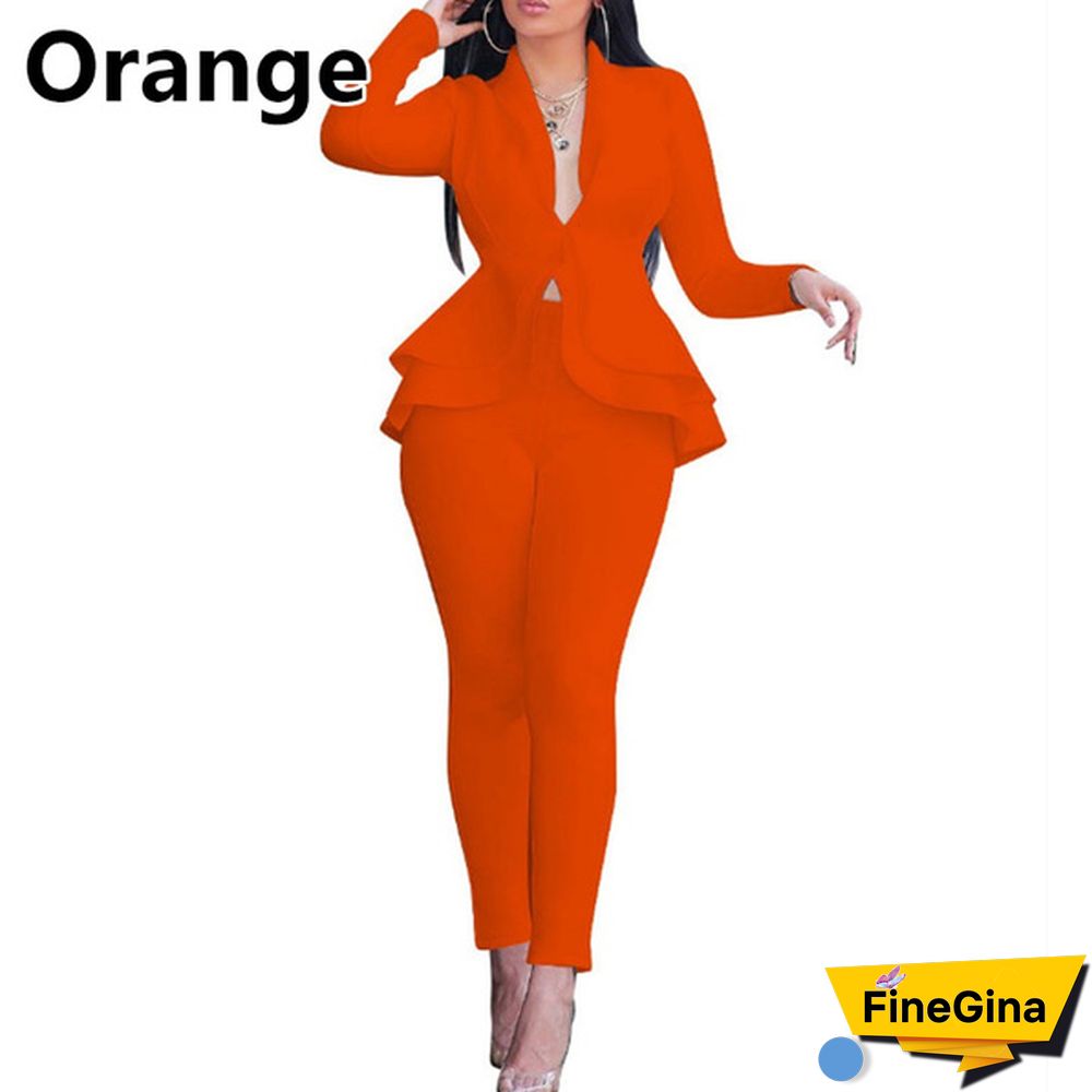 Women's Formal Office Outfits Work Blazer Business Jacket Pants Ruffle Suit Set Solid Color