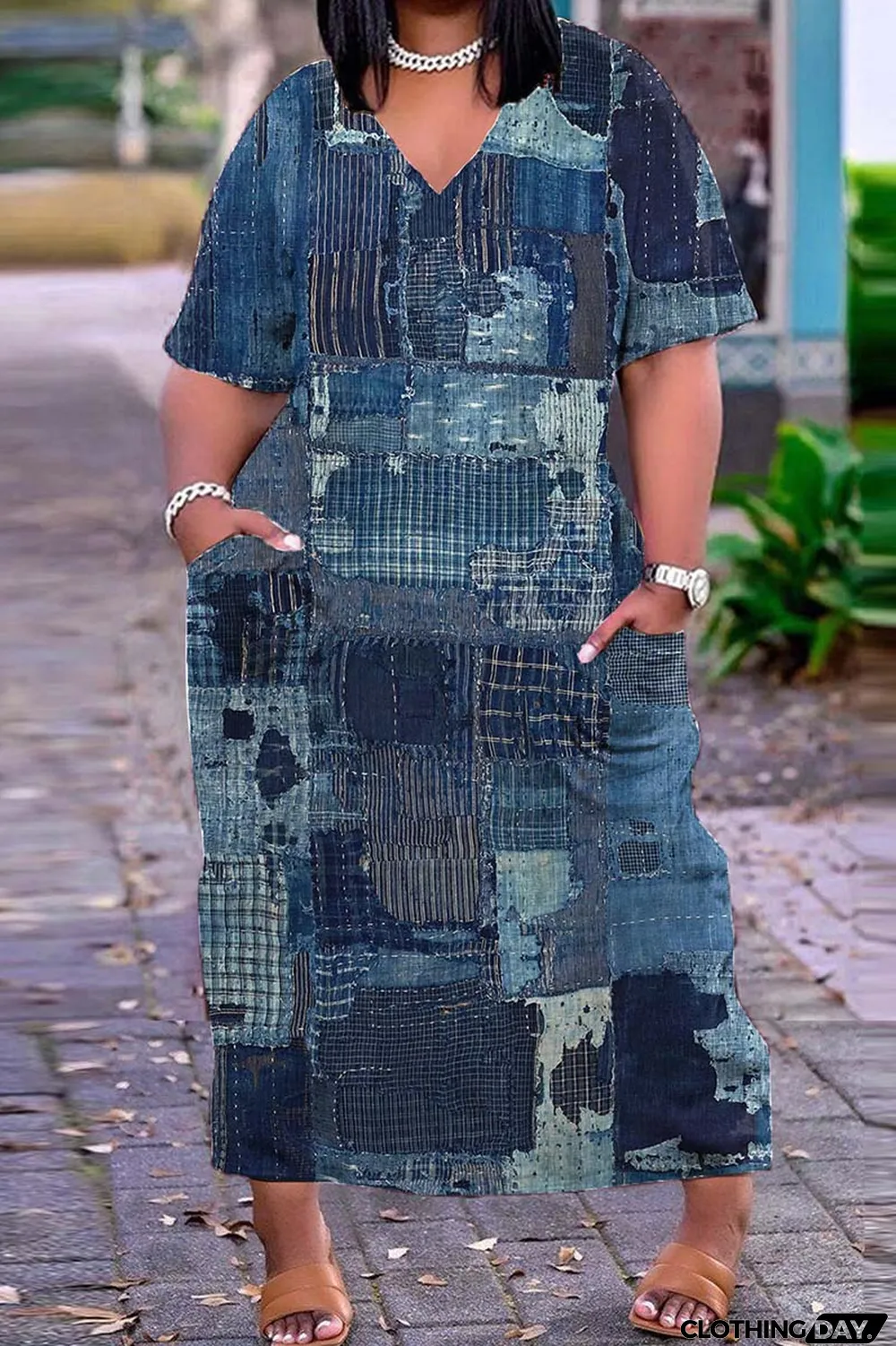 Blue Casual Print Basic V Neck Short Sleeve Dress Dresses