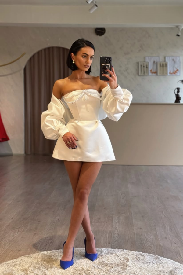 Strapless Ivory Pearls Short Mini Puff Sleeves Prom Dress