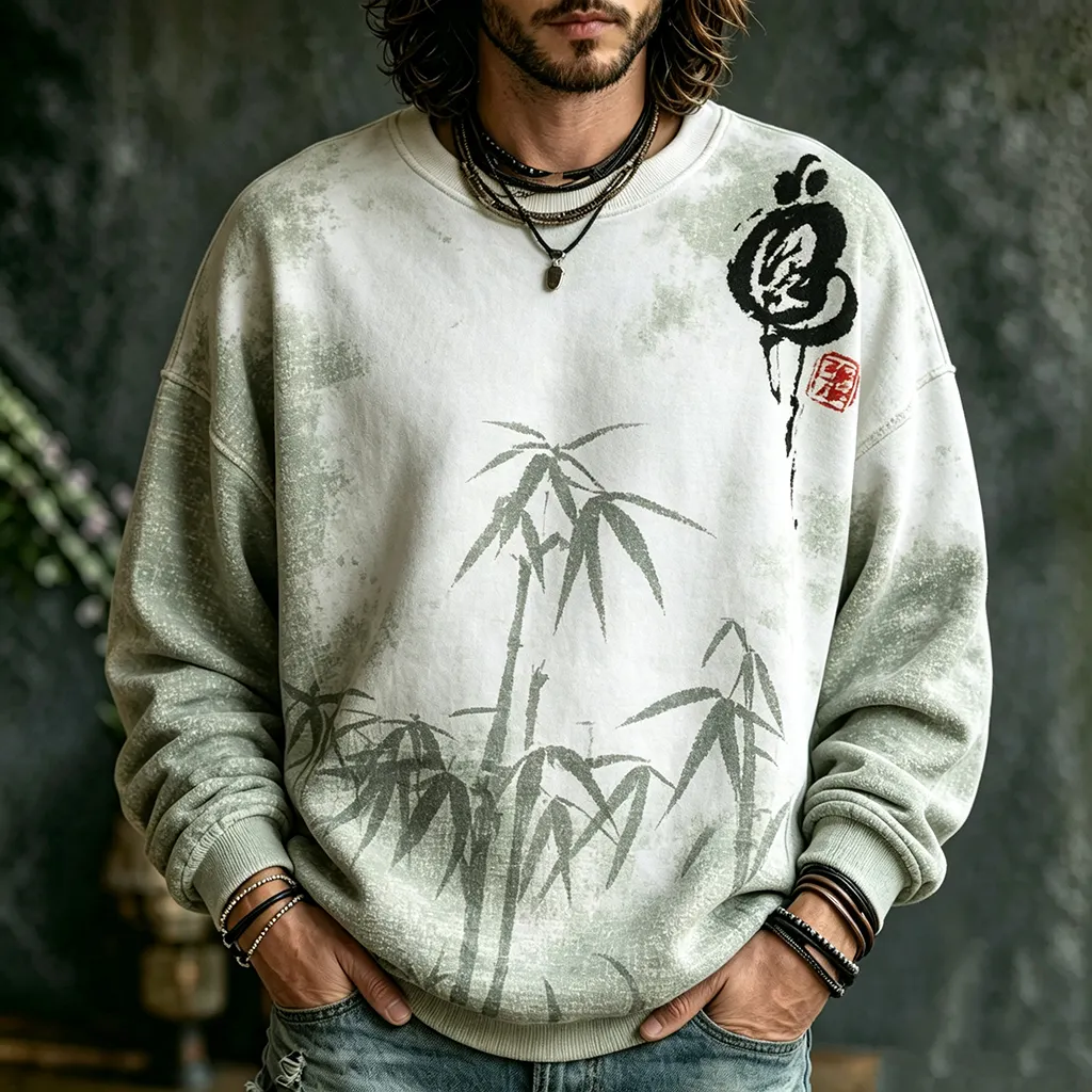 Men's Retro Japanese Bamboo And Calligraphy Art Pattern Warm Sweatshirt  artssus