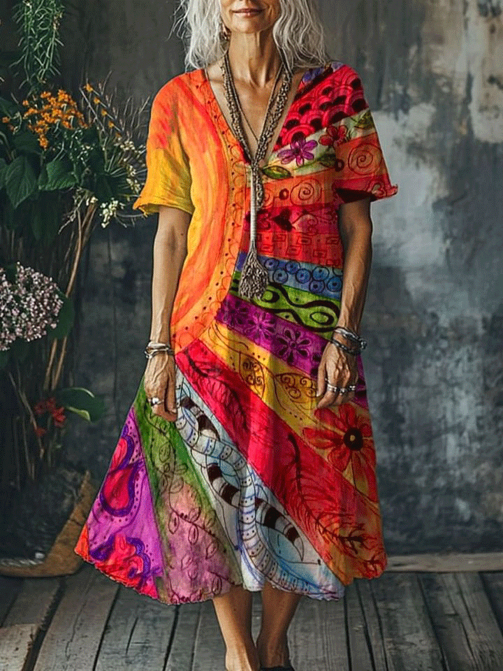 Women's Boho Vintage Art Print Pocket Cotton Dress