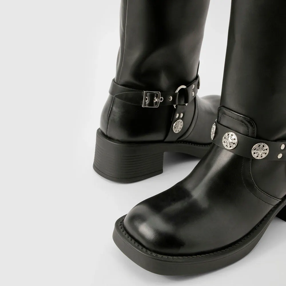 Black Square Toe Buckle Grommet Decorative Studded Knee High Boots