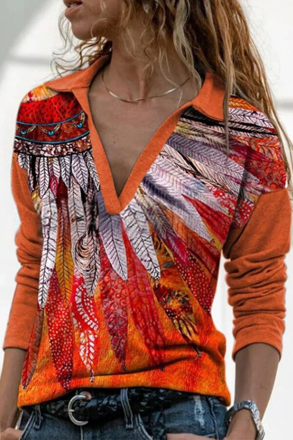 Women Western Style V Neck Long Sleeve Printed Shirts & Tops