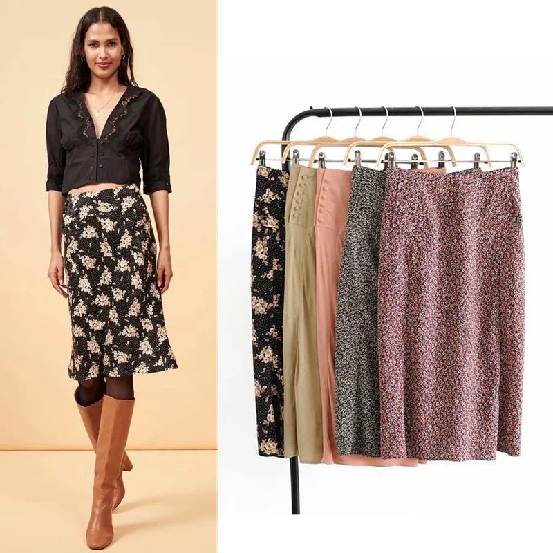 French High Waist Double-sided Breasted Printed Skirt Women's All-match Midi Midi Dresses