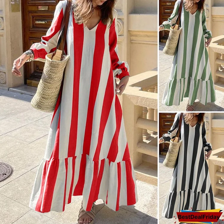 Womens Long Sleeve Maxi Dress Striped V Neck Ruffled Hem Party Casual Loose Long Dress Plus Size