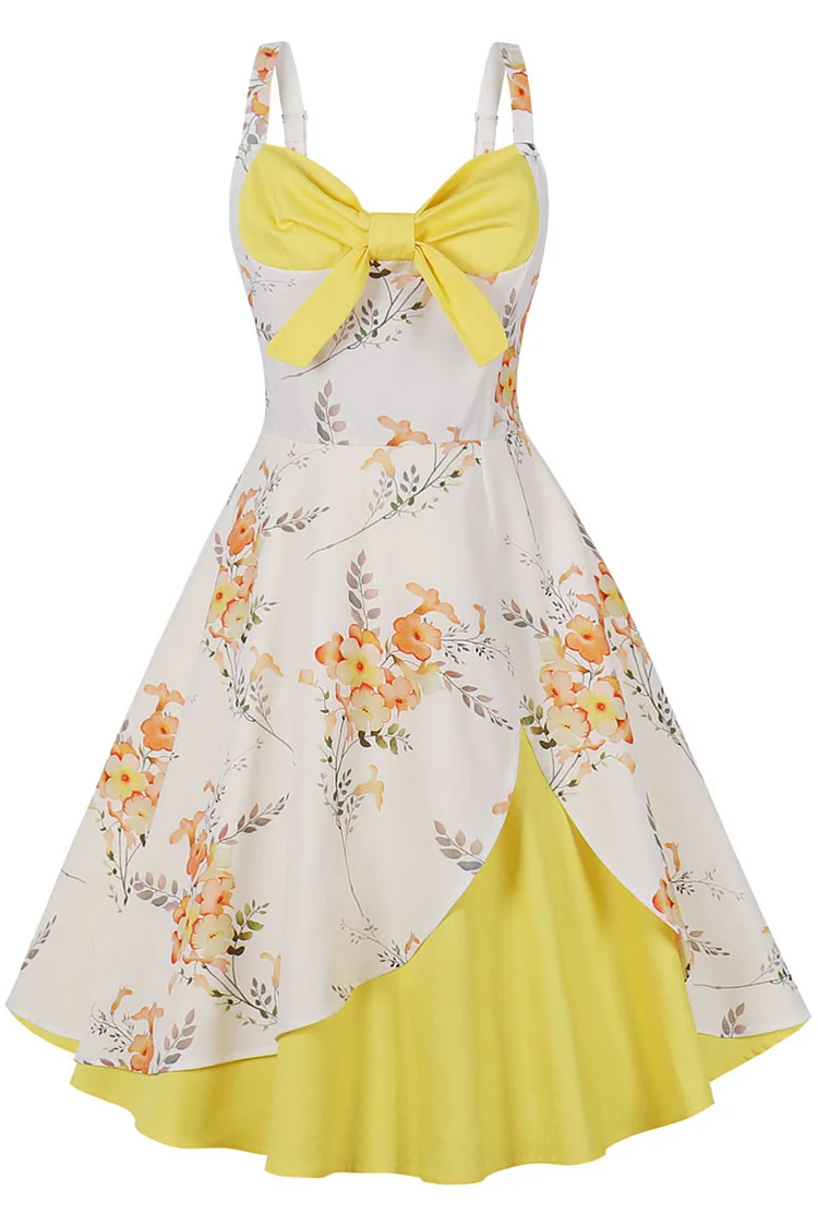 1950s Yellow Party Cami Floral Print Sweetheart Neck Bow Patchwork Pleated Midi Dress