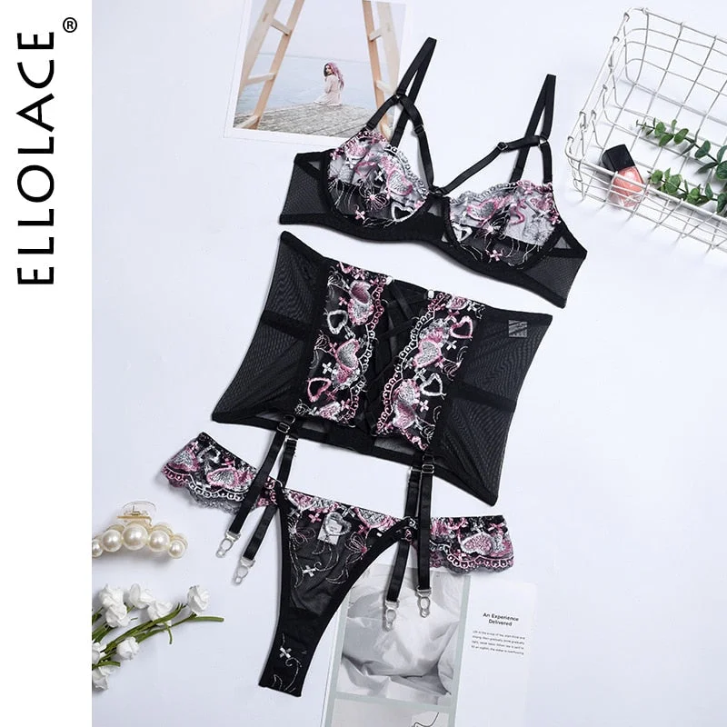 Ellolace Sensual Lingerie Woman Erotic Women's Underwear Fancy Bra with Bones Brief Sets Bandage Waistband Sexy Bilizna Set 530