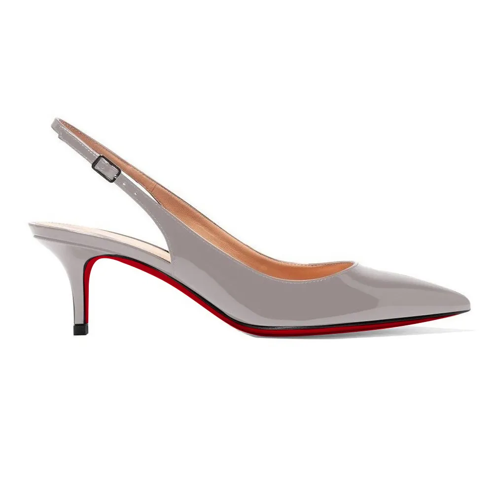 Women's Pointed Toe Slingback Shoes Kitten Heel Pumps Comfortable Dress Grey Patent Shoes-vocosishoes