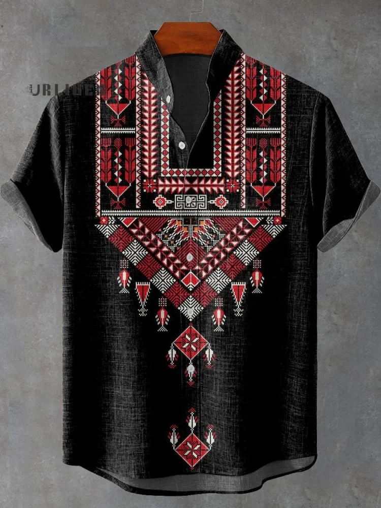 Retro Ethnic Red and Black Floral Plaid Print Casual 100% Cotton Shirt