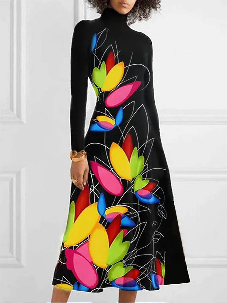 Ursime Floral Turtleneck Long Sleeve Flare Midi Dress