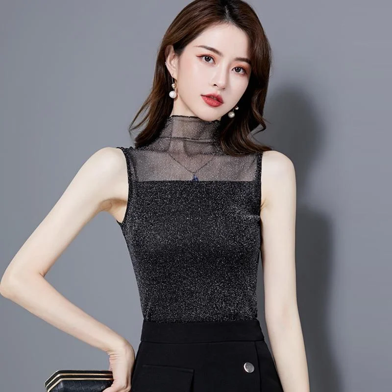 Shiny Lurex Lace Transparent Mesh Casual Summer Women Tank Tops  Solid Color Sleeveless Shirt Camisole Female Slim Black
