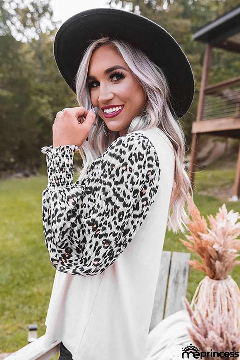 Print Crew Neck Puff Sleeve Top