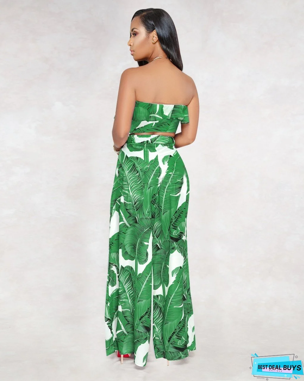 SEXY PRINTING STRAPLESS FLOUNCE TOP WIDE-LEG TROUSERS SUIT